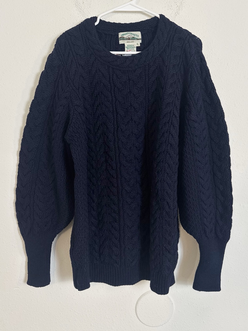 Aran Crafts merino wool Navy Cable-Knit Crewneck Sweater